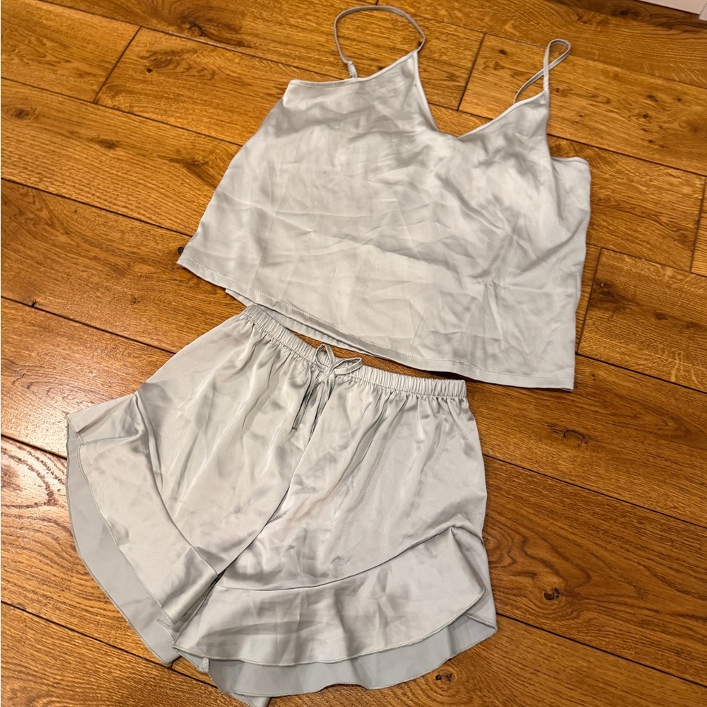 Birdie Gray Satin Cami and Ruffle Shorts Set